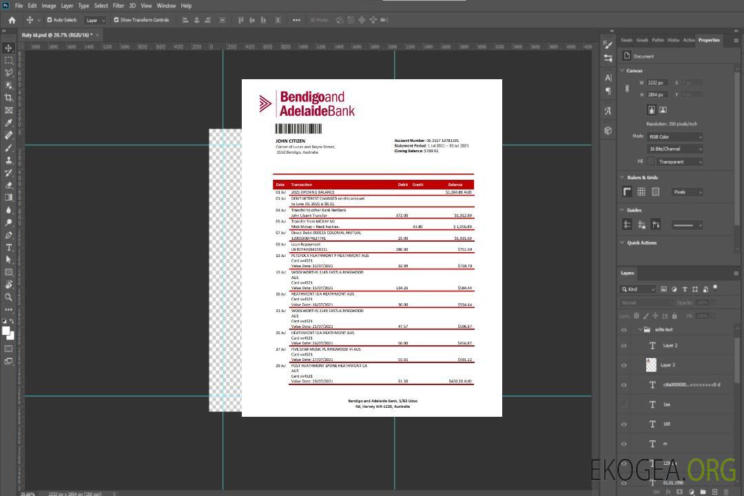 Australie Bendigo et Adelaide Bank relevé bancaire template